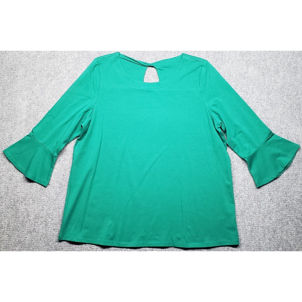 Kim Rogers Tunic Top Womens XL Green Bell Sleeve Twist Back Crew Neck Stretch